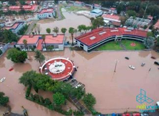 Intensa lluvia provoca inundaciones en la Fiscalía General del Estado, se desbordó el canal