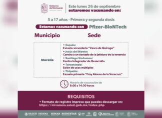 Próximo lunes se vacunará a niños de 5 a 17 años en 5 tenencias de Morelia