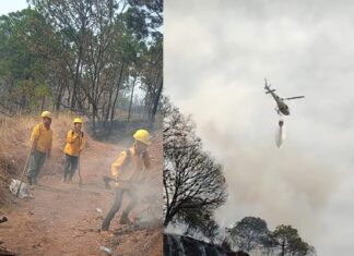Continúan acciones para sofocar incendio en San Ángel Zurumucapio, utilizan helicóptero