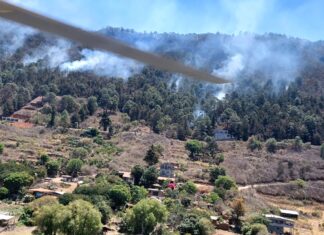 Envían helicóptero con helibalde para apagar incendio en Tzintzuntzan; se combaten 10 de forma simultánea