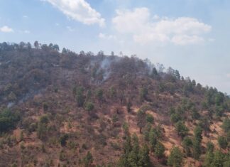 Helicóptero con helibalde combate incendio forestal en Zinapécuaro