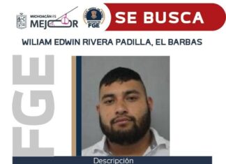 Publican Gobierno de Michoacan y FGE cédula de recompensa para la detención de William Edwin Rivera Padilla, el Barbas, por su posible participación en el delito de secuestro agravado