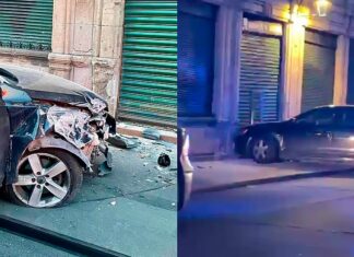 Auto se impacta contra un inmueble en el Centro Histórico de Morelia, cerca de La Merced